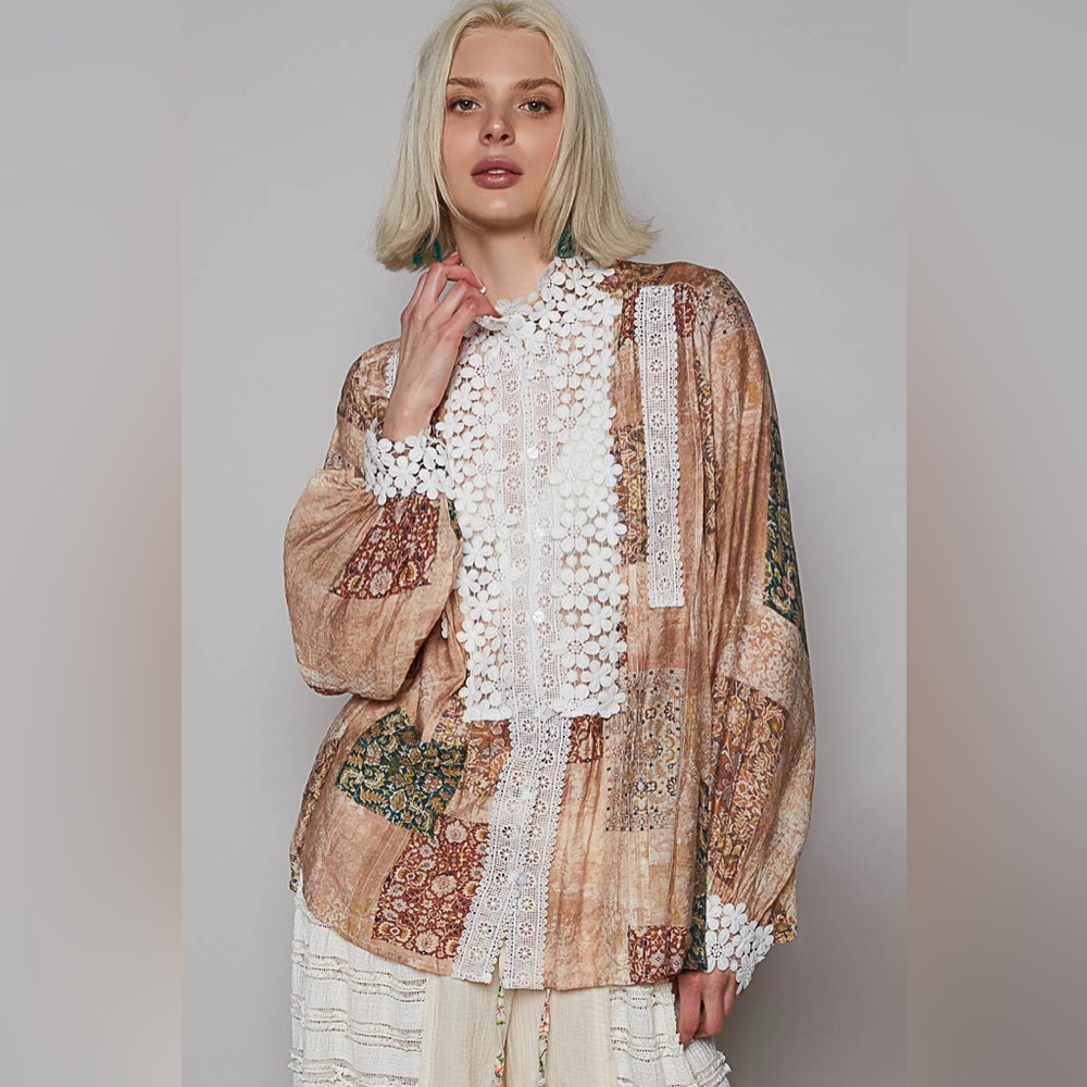 POL Patchwork Lace-Front Button Down Blouse in Beige and White